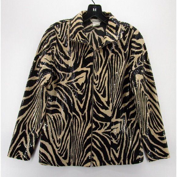 VINTAGE Misook Jacket XS Brown Full Zip Shiny Evenings Zebra Print - Picture 1 of 9